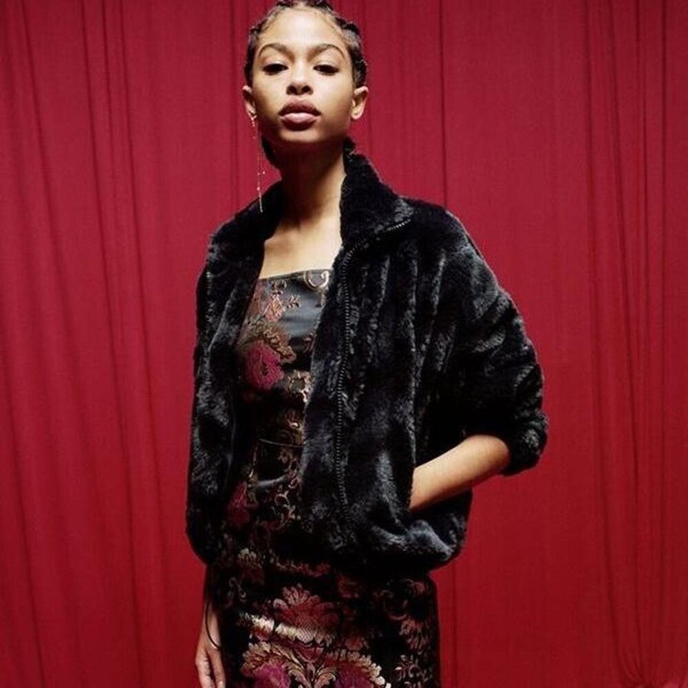 Urban Outfitters Eva Black Chevron Faux Fur Bomber Teddy